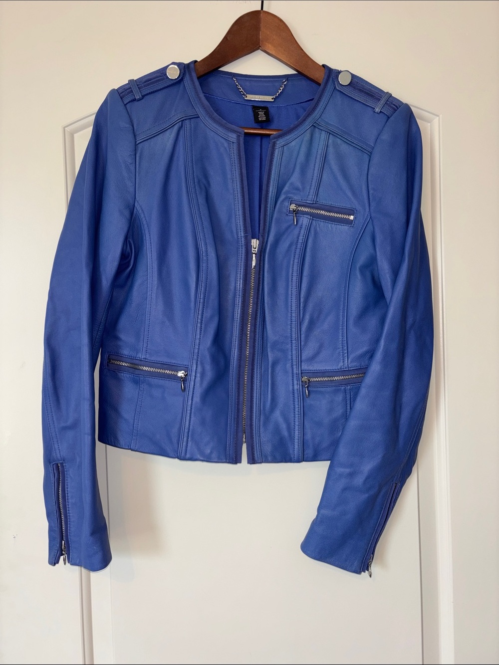 Women's Blue Genuine Leather Zip Up Jacket White House | Black Market Sz Medium